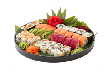 Large sushi platter with various rolls and sashimi isolated on transparent background
