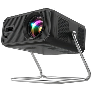 Compact portable mini multimedia projector device with adjustable stand isolated on transparent background