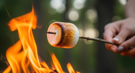 Person roasting marshmallow on stick over campfire with fire in outdoor setting. Picnic with sweet food confectionery on vacation