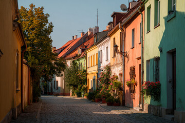 Street of colorful European houses, cobblestone road, soft morning light, eye-level shot