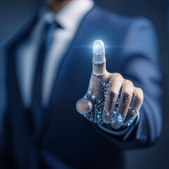 A half robot half human business man hand touching the foreground of the screen with his index finger. The hand is high tech with digital lines forming this human hand. Business style image