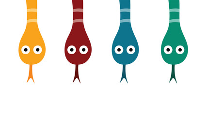 Four colorful snakes hanging downward with cartoon playful faces