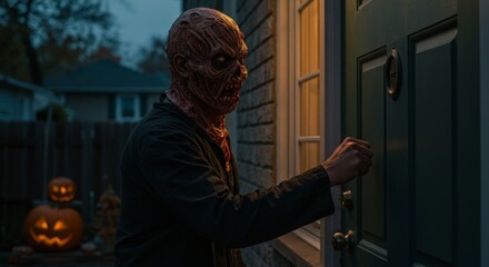 Man in monster costume knocking on door ready for trick or treat. Halloween concept during evening.