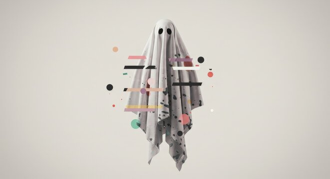 Ghost digital glitch effect on a light background. Halloween design with an internet error processing concept.