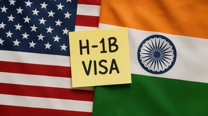 H-1B visa concept with sticky note on United States flag and India flag background representing immigration employment work permit policy and international travel opportunity