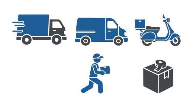 Efficient shipping solutions illustrated icons showcase fast delivery vans, scooter and delivery man, symbolizing speed, reliability, and secure package arrival