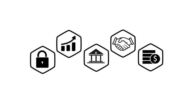 Five black icons in hexagons on a white background representing finance and business concepts lock
