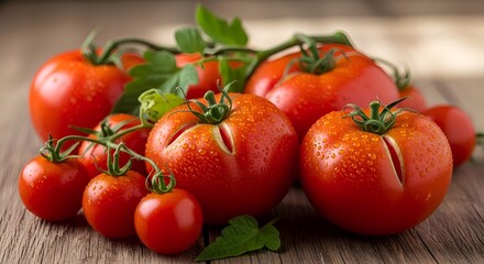 A vibrant cluster of fresh, ripe tomatoes, including large and cherry varieties, rests on a rustic wooden table, wet with dew or water droplets