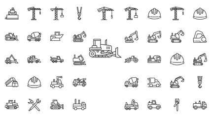 Construction icons set for building design, heavy equipment and safety helmets symbolize modern industry, originally a scalable vector graphic