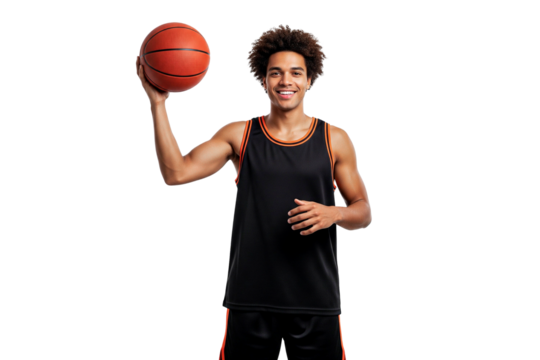 young man holding basketball isolated on white
