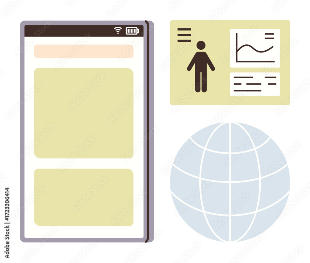 Aufkleber smartphone screen with user interface, profile data card, and globe icon representing connectivity, 