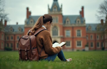 Young woman sits on grass, reading book in front of red brick historic building with Gothic architecture. Engrossed, fingers turning pages. Brown backpack next to on grass. Scene tranquil, peaceful.