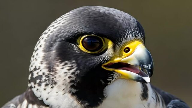 High-detail peregrine falcon head portraits with open beak and intense yellow eyes.
