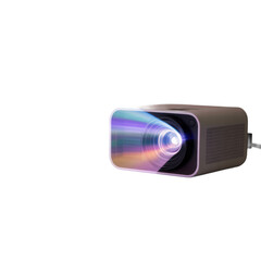 Modern compact multimedia projector emitting a colorful beam of light isolated on transparent background