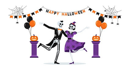 Halloween Celebration: A whimsical illustration captures the spooky spirit, featuring skeleton figures joyfully dancing in a festive Halloween setting, complete with pumpkins, balloons.