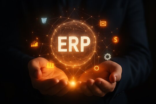 Enterprise resource planning system glowing sphere held in hands technology business