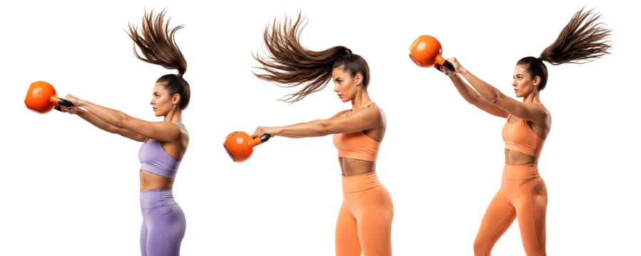 young womans exercising with dumbbells isolated on white
