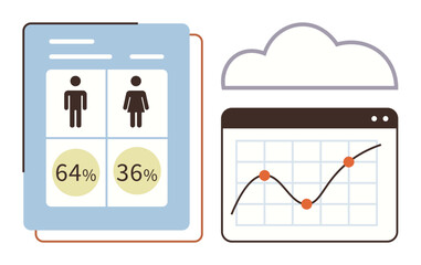 Gender split data and line chart in cloud-based analytics dashboard. Ideal for statistics, data analysis, gender studies, cloud computing, research, business insights, simple flat metaphor