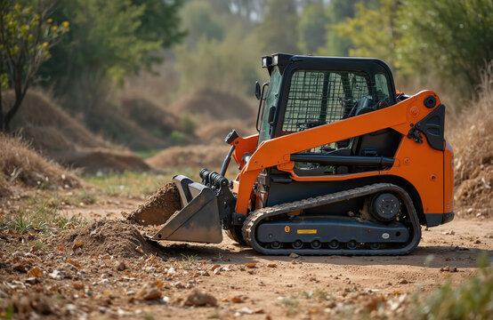 Mini-loader prepares ground for construction site. Compact orange mini-loader at work, cleaning area. Excavation, ground leveling with heavy equipment. Construction industry, groundwork, building