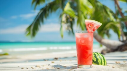 Obraz premium Tropical Beach Cocktails: Cold Alcohol Drinks, Orange Juice & Fresh Fruit Refreshments by the Sea