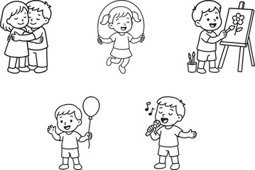Children's Activities: Charming monochrome illustration of kids engaged in playful, heartwarming activities, celebrating the joy of childhood and everyday fun.