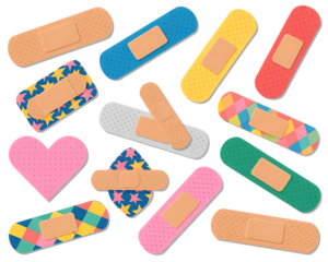 Assortment of Colorful Adhesive Bandages and Heart Shape on Black Background band-aid medical