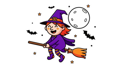 Magical Witch's Flight: An illustrated witch soars on a broom, beneath a full moon, stars, and silhouettes of bats. Celebrate the spooky season with this charming illustration.