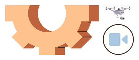 quadcopter flying symbolizing innovation paired with a gear icon for process automation and a video camera for content creation. Ideal for technology, automation, media, creativity, engineering