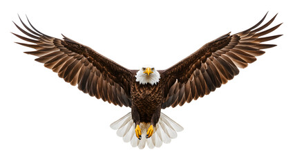 Obraz premium Majestic bald eagle soaring with powerful wings outstretched against a clean white backdrop, embodying freedom and strength in a captivating aerial display