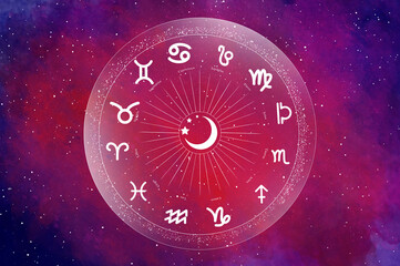 Western astrology circle with 12 zodiac symbols on a beautiful colorful starry space background. Vector illustration.