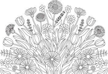 Wildflower Bouquet Line Art – Botanical Floral Composition Illustration