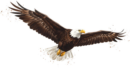 Obraz premium Majestic bald eagle soars with powerful wings spread wide, symbolizing freedom, strength, and soaring ambition in a dynamic, artistic portrayal.