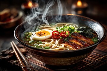 Steaming bowls of authentic Japanese ramen with soft-boiled egg, pork belly, scallions, and rich broth in a traditional setting