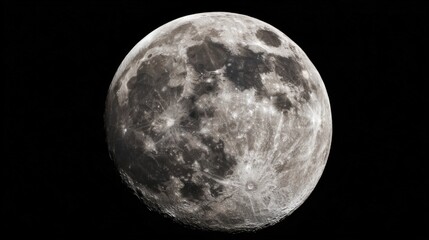 Obraz premium Full moon against black background showcasing circular shape, surface details, lunar maria, highland regions, craters,