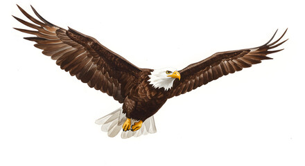 Obraz premium Majestic bald eagle soars with wings spread wide in a powerful flight against a clean white background, symbolizing freedom and strength.