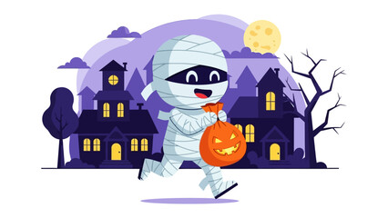 Mummy Halloween Fun: A cartoon mummy, embracing the Halloween spirit, joyfully walks through a spooky neighborhood with jack-o'-lantern in hand, all under the silvery light of the full moon.