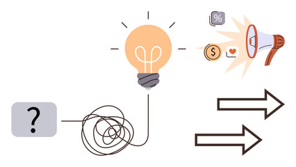 A tangled line flows into a glowing lightbulb with marketing symbols thumbs up a megaphone, dollar sign, and arrows. Ideal for creativity, problem-solving, innovation, strategy, marketing