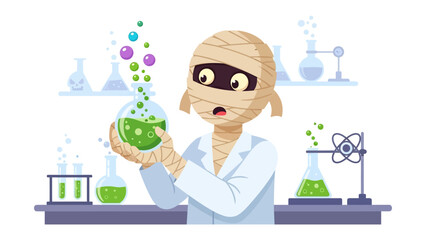 Mummy Scientist's Laboratory Experiment: A comical illustration shows a mummy scientist in a laboratory, engrossed in a bubbling experiment with colorful solutions.
