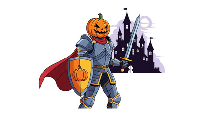 Halloween Pumpkin Knight Illustration: A fierce pumpkin-headed knight stands ready, a sword and shield in hand.