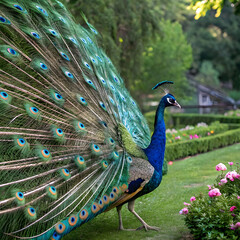 Naklejka premium beautiful peacock displaying vibrant and colorful