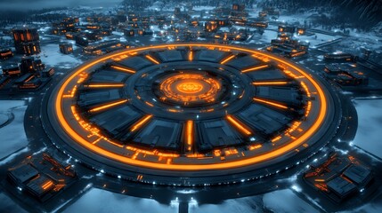 Fototapeta premium Futuristic Circular City at Night Aerial View Glowing Orange and Snow