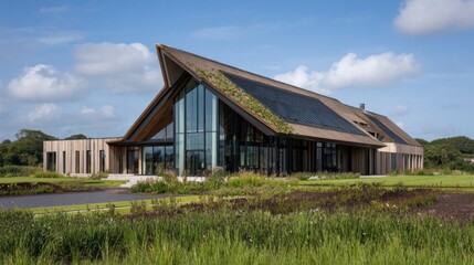 Obraz premium Modern architectural structure with large glass windows reflecting nature, surrounded by greenery and a water body,