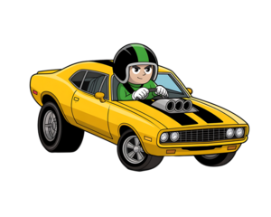 Cartoon Boy Driving Yellow Muscle Car with Green Helmet