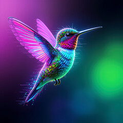 Fototapeta premium Vibrant neon hummingbird in flight against a dark background with digital light effects. Birds.
