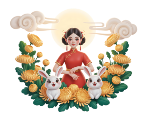 Woman in Red Dress with Rabbits and Flowers under Sunny Sky