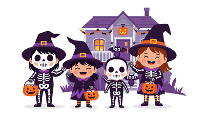 Halloween Joy: Adorable children, costumed as skeletons, gleefully wave hello, accompanied by pumpkins, a cozy residence, and bats, ready for a night of Halloween revelry.