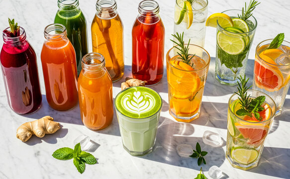 Colorful Non-Alcoholic Botanical Drinks &ndash; Cold-Pressed Juices, Kombucha, Matcha Latte and Infused Sparkling Water Lifestyle Photography
