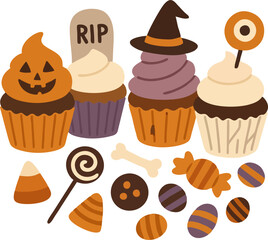 Festive Halloween Cupcakes and Candy Assortment isolated on transparent background