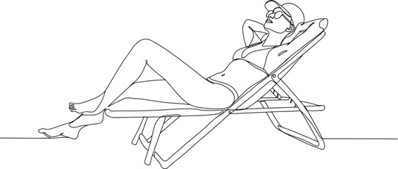Relaxed woman sunbathing on beach chair line art sketch summer vacation vector