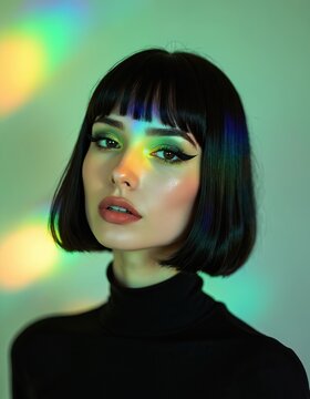 Beauty close-up portrait of woman with black bob haircut in studio with creative lighting. Rainbow light effect on face, green eye makeup. Modern glamour girl with confident stare. Fashion, beauty,